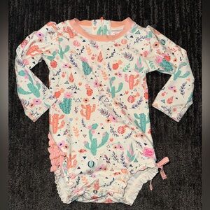 Ruffle Butts Pink and Green Patterned Baby Romper
